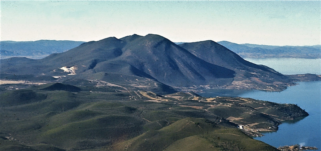 Mount Konocti rising above the western shore of Clear Lake in Lake County, California