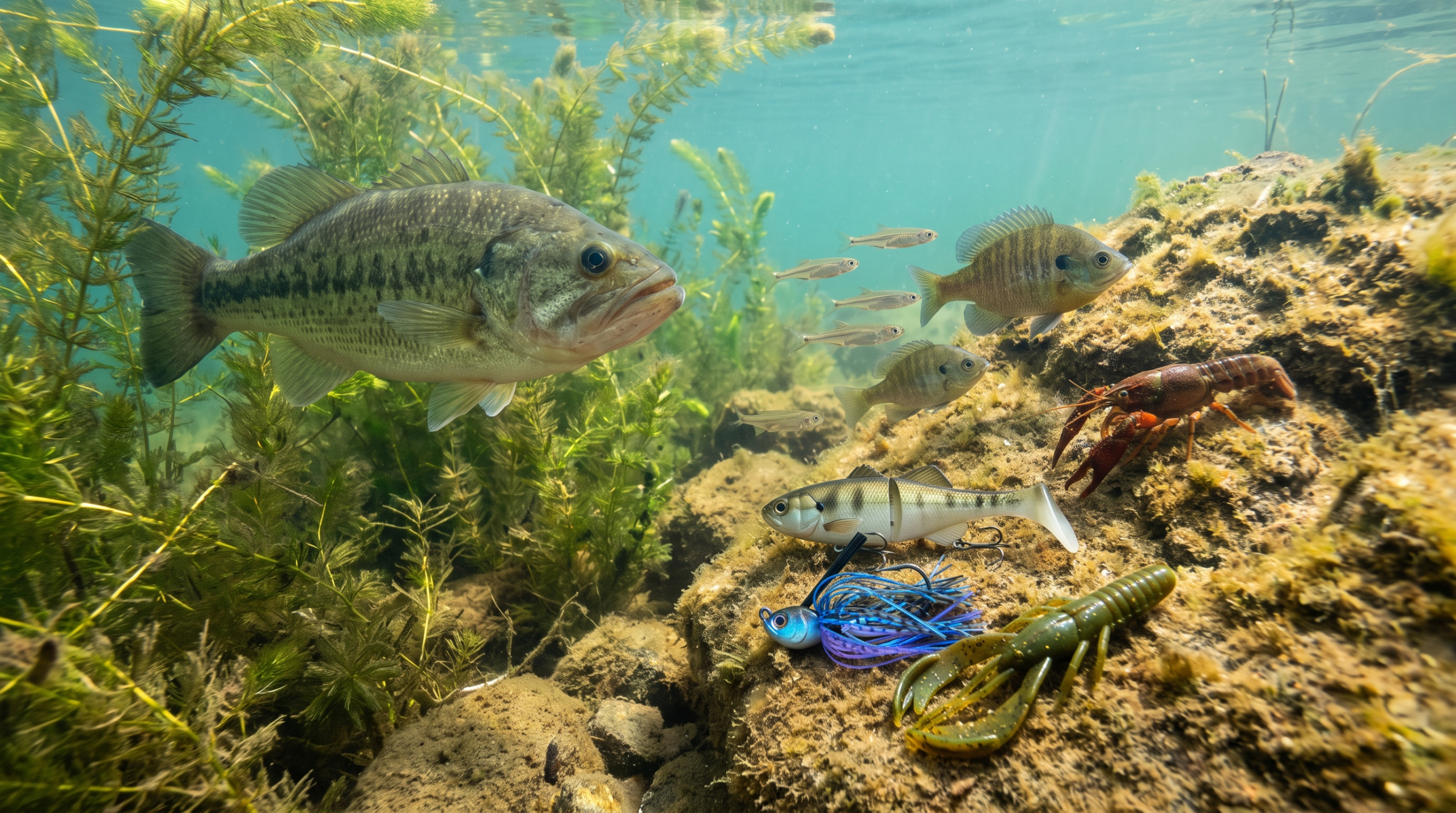Largemouth bass with baitfish, sunfish, crawfish, and matching unbranded lure profiles underwater