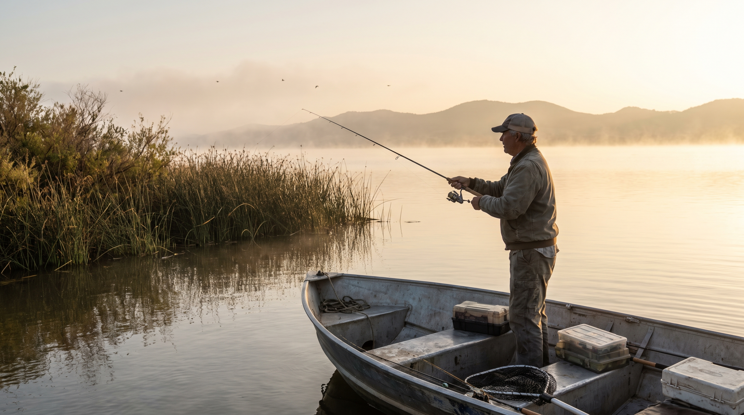 Angler bass fishing near tule reeds on Clear Lake at sunrise