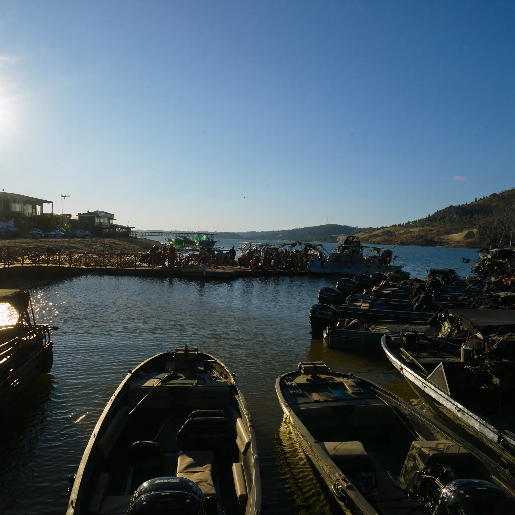 Photorealistic Clear Lake bass tournament morning at a marina launch