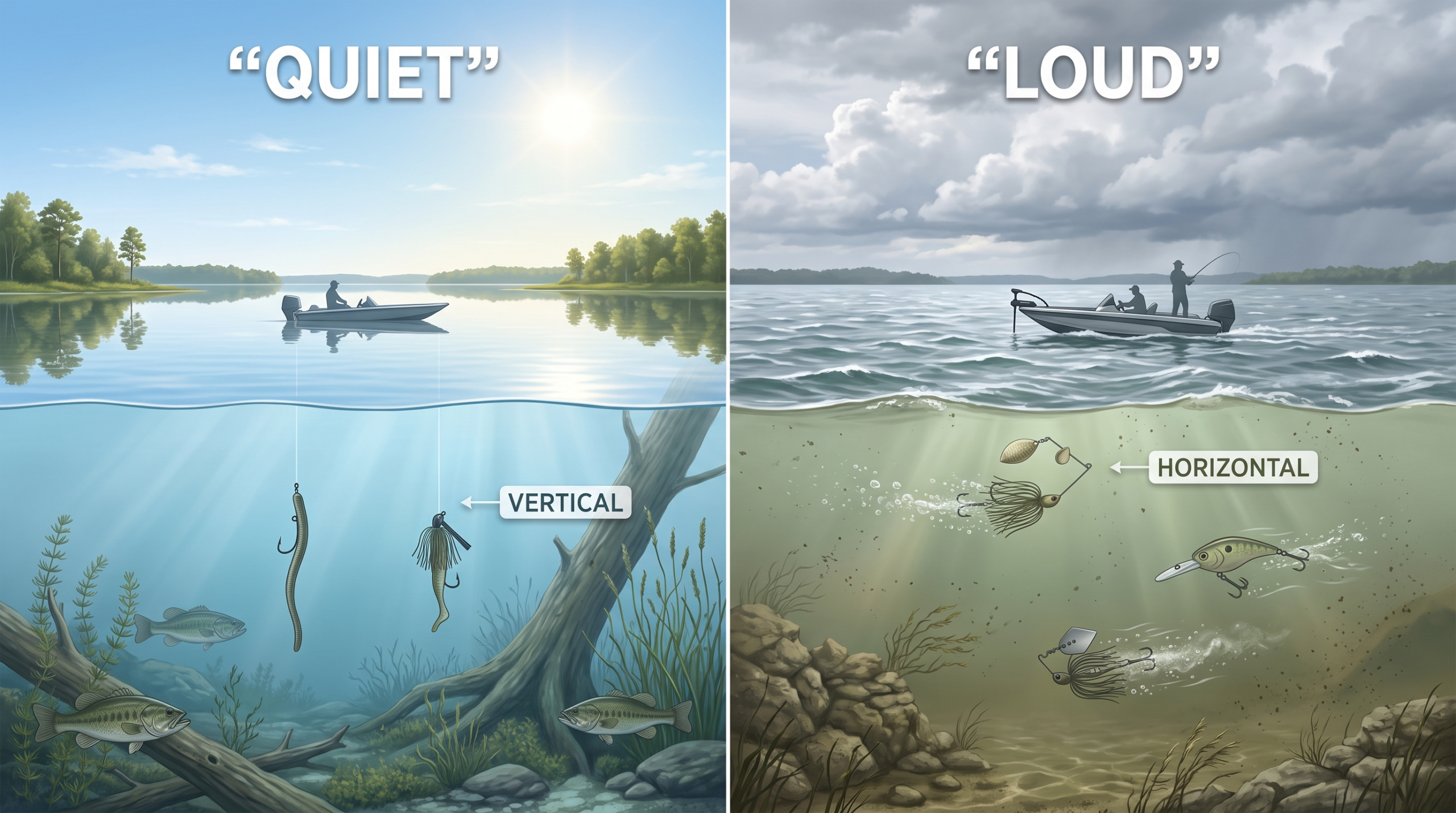 Split-water explainer pairing calm clear conditions with vertical lures and windy stained conditions with horizontal lures