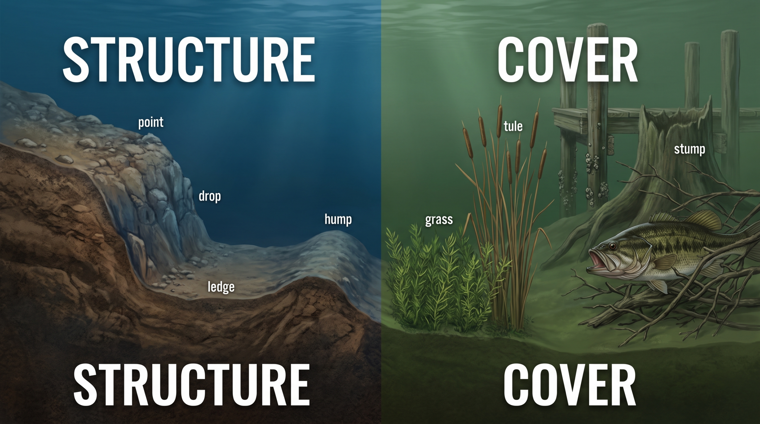 Underwater explainer comparing lake-bottom structure with vegetation, docks, wood, and other cover