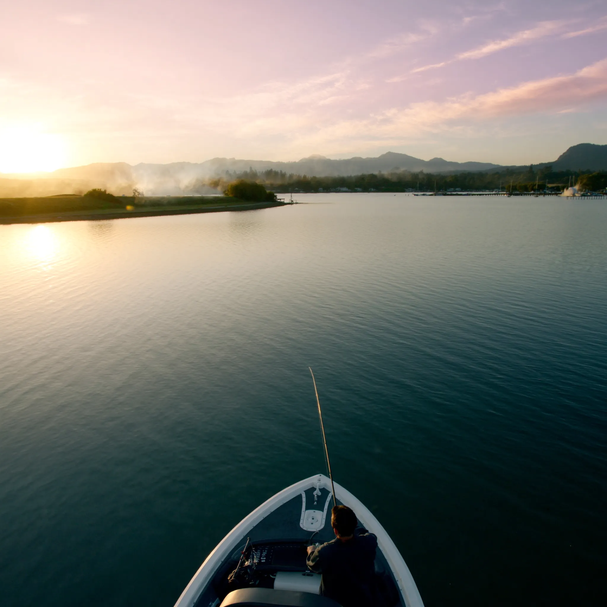 Photorealistic Clear Lake sunrise fishing report scene