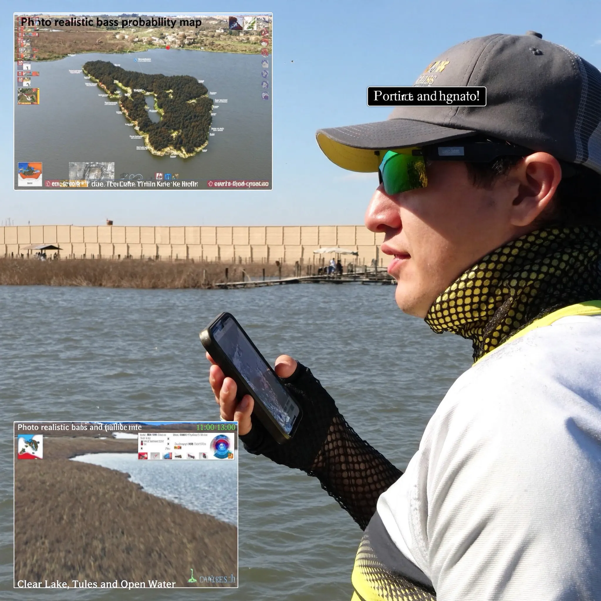 Photorealistic angler checking a bass probability map on Clear Lake